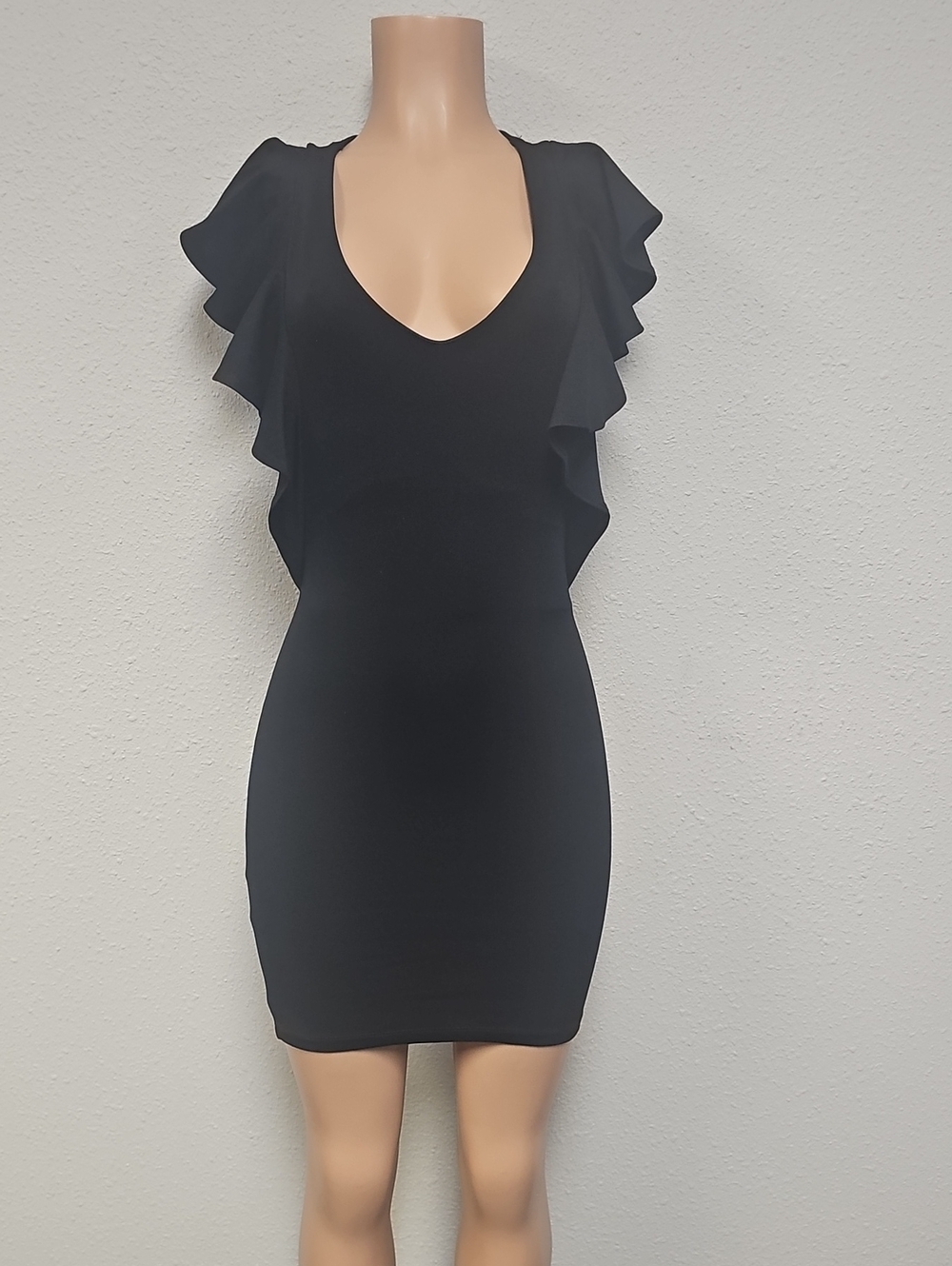 Ruffled Sleeve Black Mini Dress with V-Neck
